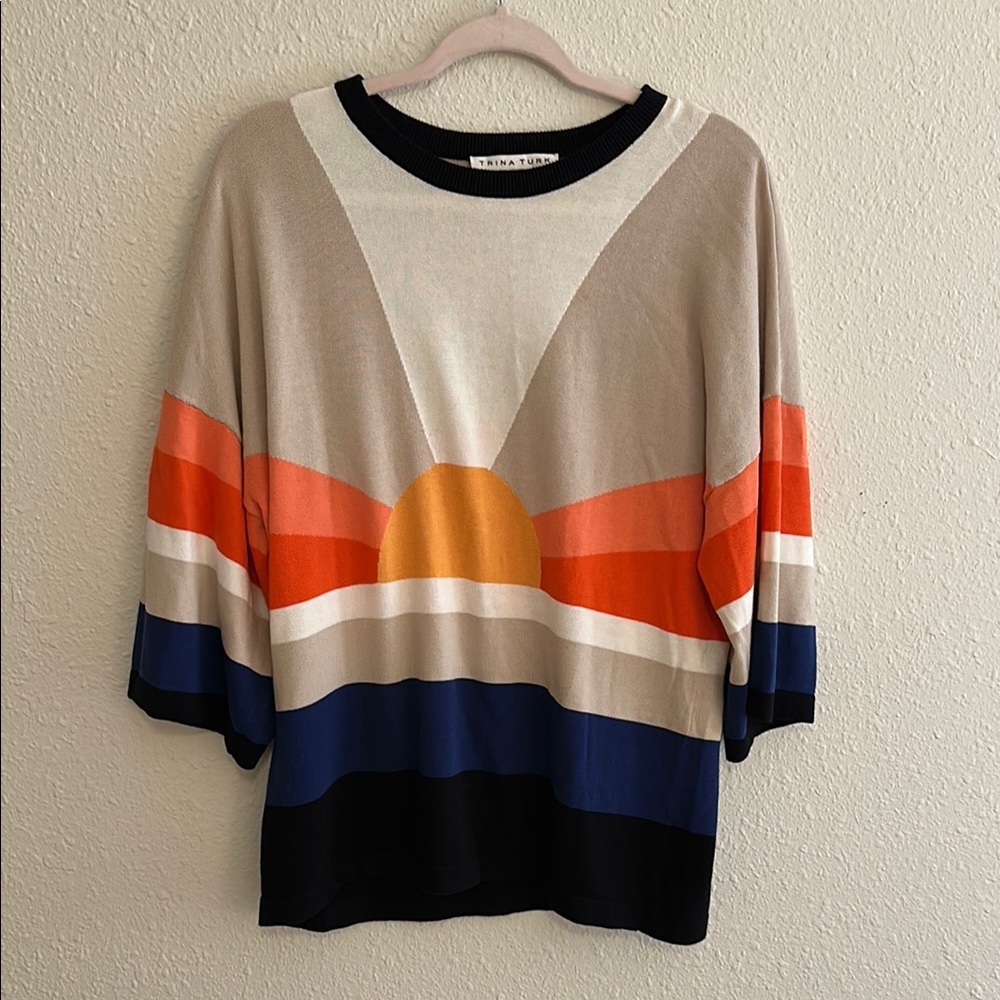 Trina Turk Cream and Orange Boxy 3/4 Sleeve Sweater